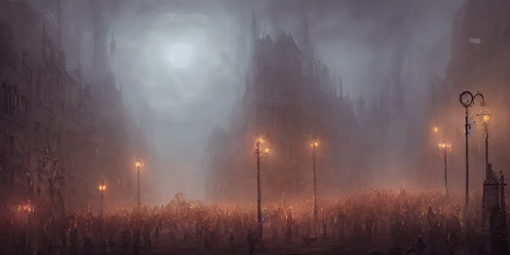 Prompt: a thick swirling fog during a parade, soft lighting, night, unreal engine, digital art, 8 k, oil painting, fantasy art, illustration, detailed and intricate environment