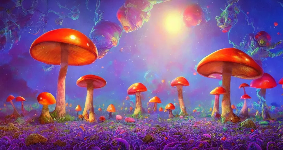 Image similar to a beautiful painting of trippy mushrooms by Tokio Aoyama, Mario Martinez, David Normal. photorealistic, trending on artstation, dramatic lighting, 8K, fantasy beautiful, surreal, cinematic.