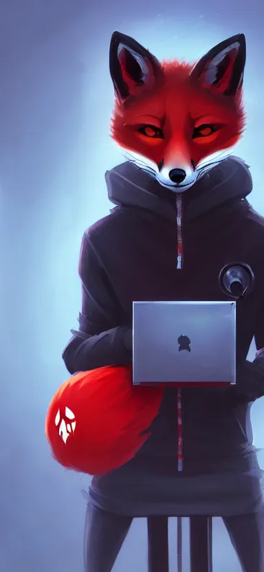 Image similar to a league of legends concept art of an anthropomorphic red fox in a black hoodie holding a portable computer, front view, hoodie with a hacker emblem, artstation, digital art, oc commission, style by jordan grimmer and greg rutkowski, 4 k resolution