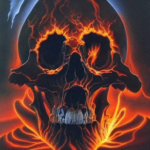 Image similar to an active supervolcano exploding with fire and thick smoke in the shape of a demonic skull, dan seagrave art