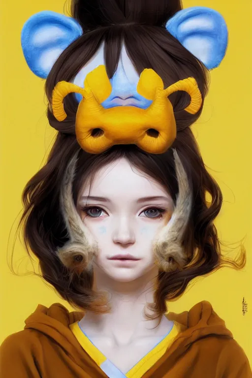 Prompt: girl with brown hair, short horns, long animal ears, a yellow t - shirt and blue overalls, geisha art portrait, illustration by ross tran, bo chen, toni infante, rebecca oborn, michael whelan, trending on artstation cgsociety hq