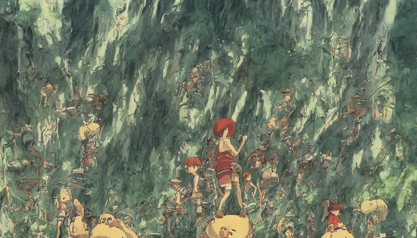 Image similar to land of the giants, larger than life, high detail, painting, watercolor, concept art, studio ghibli, by hayao miyazaki