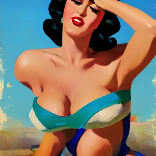 Prompt: 1 9 5 0's pinup of katy perry in a sexy bikini, artwork by greg manchess, medium shot, asymmetrical, organic painting, sunny day, matte painting, bold shapes, hard edges, street art, trending on artstation, by huang guangjian and gil elvgren and sachin teng