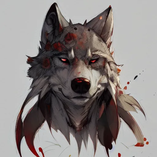 Image similar to concept art of anthropomorphized wolf, highly detailed painting by dustin nguyen, akihiko yoshida, greg tocchini, 4 k, trending on artstation, 8 k