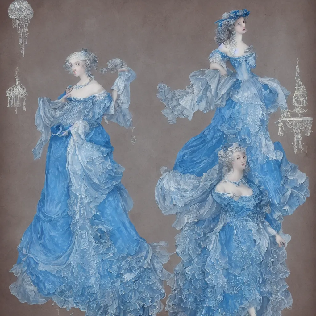 Prompt: blue dress design in the style of rococo ，Victorian era，jellyfish element，dreamy, soft ,Backlight ,luminescence，in the style of Aetherpunk,highly detailed,8k