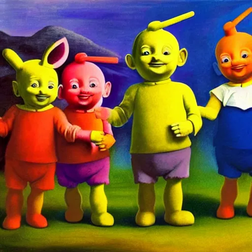 Image similar to painting of the teletubbies with the pearl earring, in the style of johannes vermeer