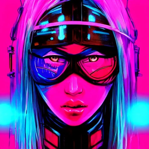 Prompt: stylized japanese girl ninja - cyberpunk, wearing urban techwear, neon lights and armor, painted in acrylic, in the colors hot pink and cyan, beautiful realistic face, spotlight, by greg rutkowski, by jeremy mann, by francoise nielly, by kunio okawara, yoshikazu yasuhiko, in focus, sharp lines