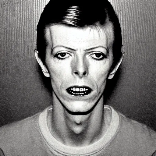 Image similar to Mugshot Portrait of Young David Bowie, taken in the 1970s, photo taken on a 1970s polaroid camera, grainy, real life, hyperrealistic, ultra realistic, realistic, highly detailed, epic, HD quality, 8k resolution, body and headshot, film still, front facing, front view, headshot and bodyshot, detailed face, very detailed face