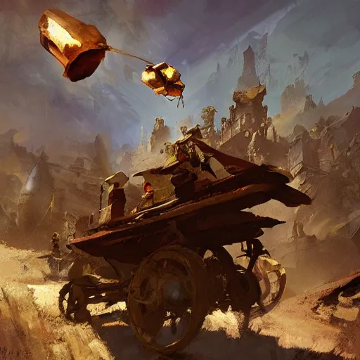 Image similar to a sling machine firing rocks flying, cart wheels, epic fantasy style art by Craig Mullins, fantasy epic digital art