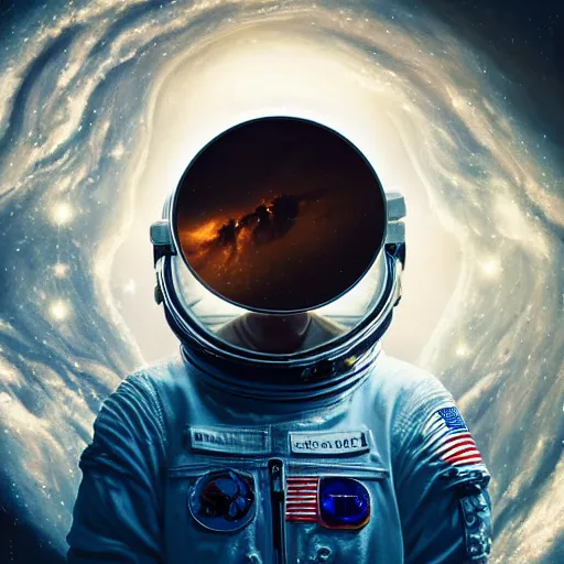 Image similar to portrait an astronaut looking into a mirror made of the Cosmos , subject in the center of the frame, wide angle shot, diffuse lighting, fantasy, intricate, elegant, highly detailed, lifelike, photorealistic, digital painting, illustration, concept art, smooth, sharp focus