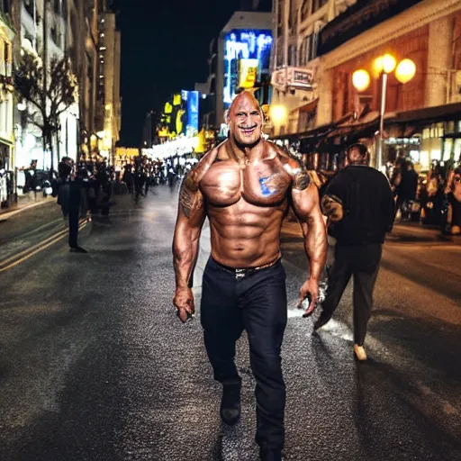 Image similar to Dwayne Johnson on the street in the night, bright lighting, high quality, ultra detailed , full body