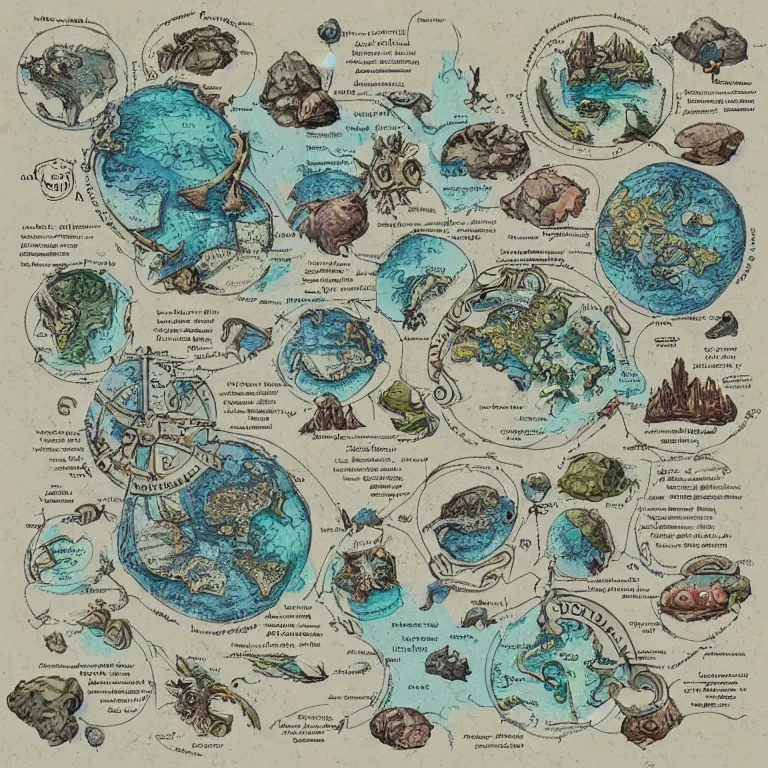 Prompt: imaginary map of a fantacy world, drawing of different elements in the lands, different realms, blueprint, infographic, on paper, natural colors, vintage, with notes, highly detailed, trending on artstation, beautiful