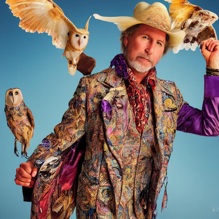 Image similar to high fashion photoshoot octane render portrait by wayne barlow and carlo crivelli and glenn fabry, a distinguished psychedelic cowboy wearing a colorful wes anderson designed cowboy costume and holding a barn owl inside a high - end exotic colorful pastel vintage boutique hotel lounge, very short depth of field, bokeh