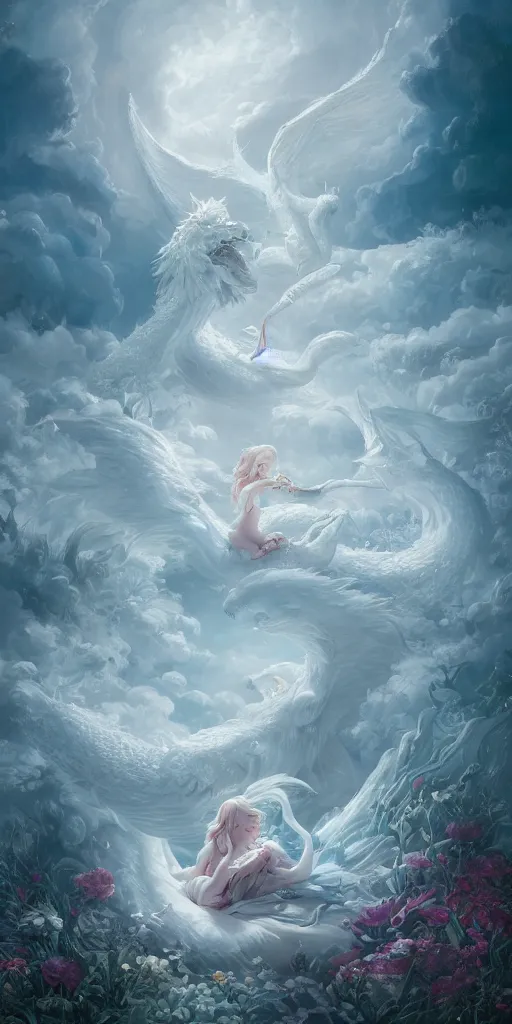 Prompt: the beautiful scene render that the girl lies in the arms of a huge white dragon alone in the fairyland surrounded by white clouds, in the style of victo ngai and peter mohrbacher peter mohrbacher, animation style, 8 k hd, trending on cgsociety, trending on artstation, ultra wide angle, hyperrealism, hyper detailed