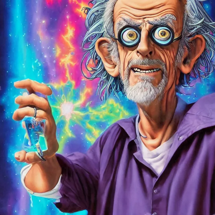 Prompt: Christopher Lloyd as Rick Sanchez by Noriyoshi Ohrai and Lisa Frank