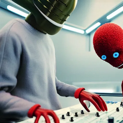 Image similar to cinematic film still of Pharrell Williams Making A Beat with an anthropomorphic alien, Japanese VFX, 2018, 400mm lens, f1.8, shallow depth of field,film photography