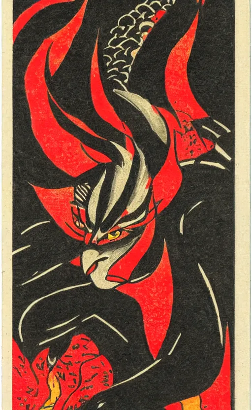 Image similar to by akio watanabe, manga art, portrait of tengu, flames, trading card front