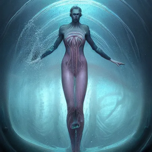 Image similar to by tom bagshaw, a centered wide shot soft paint render of a curiosity lovecraft underworld depths, single female underwater with full bodysuit armor, water waves, multiples tentacles, symmetry accurate features, ominous depths, elegance, refractions, reflections, focus, rainbow lighting, very high detail, gods ray, octane, artstation