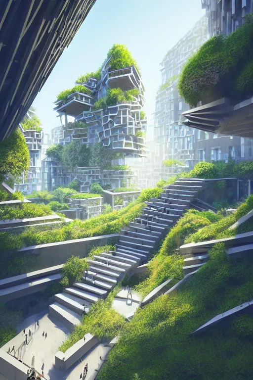 Prompt: architectural illustration of an awesome sunny day environment concept art on a cliff, architecture by kengo kuma with village, residential area, mixed development, high - rise made up staircases, balconies, full of clear glass facades, cgsociety, fantastic realism, artstation hq, cinematic, volumetric lighting, vray
