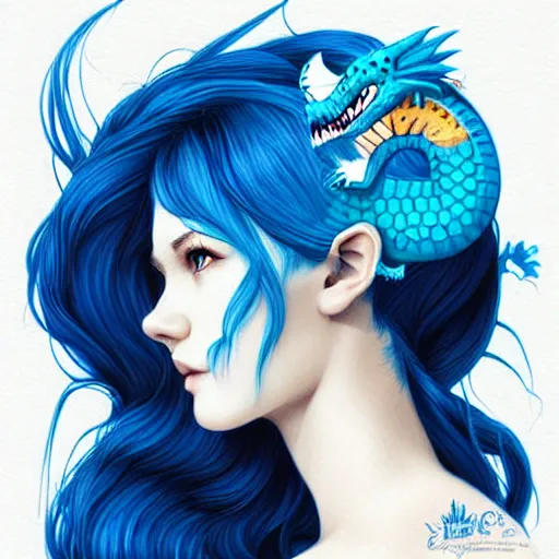 Image similar to head and shoulders portrait of a girl with blue hair and her cute dragon, illustration, medium shot, intricate, elegant, highly detailed, digital art, ffffound, art by Fernanda Suarez and sachin teng