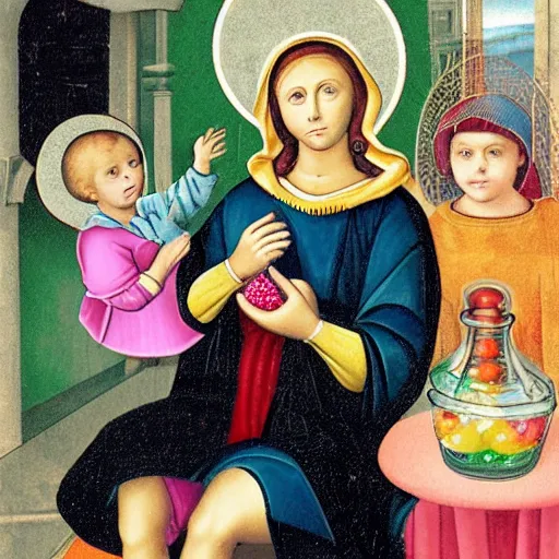 Image similar to stock photo. madonna and child, holding candy. jar of candy. lollipop, candy bar, gumdrop, fudge.