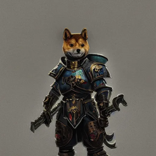 Image similar to wearing warhammer 4 0 k champion black armor, anthropomorphic shiba inu, shiba inu face, stuning 3 d render, masterpiece, glowing aura, by donato giancola and greg rutkowski and wayne barlow and zdzisław beksinski, realistic face