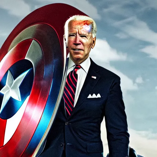 Prompt: a photographic still of Joe Biden starring as Captain America, cinematic