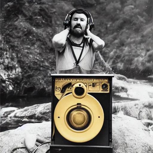Prompt: tintype photography of a gold miner at the Yuba river with headphones and a weird vintage machine that makes electronic music