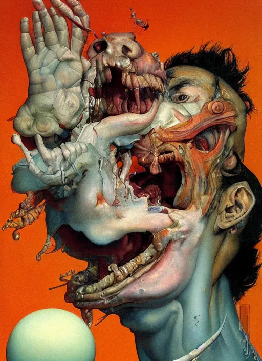 Prompt: realistic detailed image of Saturn devouring his son in the style of Francis Bacon, Surreal, Norman Rockwell and James Jean, Greg Hildebrandt, and Mark Brooks, triadic color scheme, By Greg Rutkowski, in the style of Francis Bacon and Syd Mead and Edward Hopper and Norman Rockwell and Beksinski, dark surrealism, open ceiling, highly detailed, painted by Francis Bacon, painted by James Gilleard, surrealism, by Nicola Samori, airbrush, Ilya Kuvshinov, WLOP, Stanley Artgerm, very coherent, art by Takato Yamamoto and James Jean