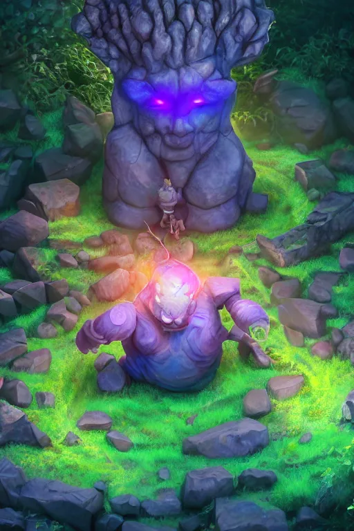 Image similar to arcane fantasy art giant golem elemental wood rock bastion forged gemstone enchanted forest troll, global illumination ray tracing hdr fanart arstation by sung choi and eric pfeiffer and gabriel garza and casper konefal lisa frank zbrush central hardmesh radiating a glowing aura