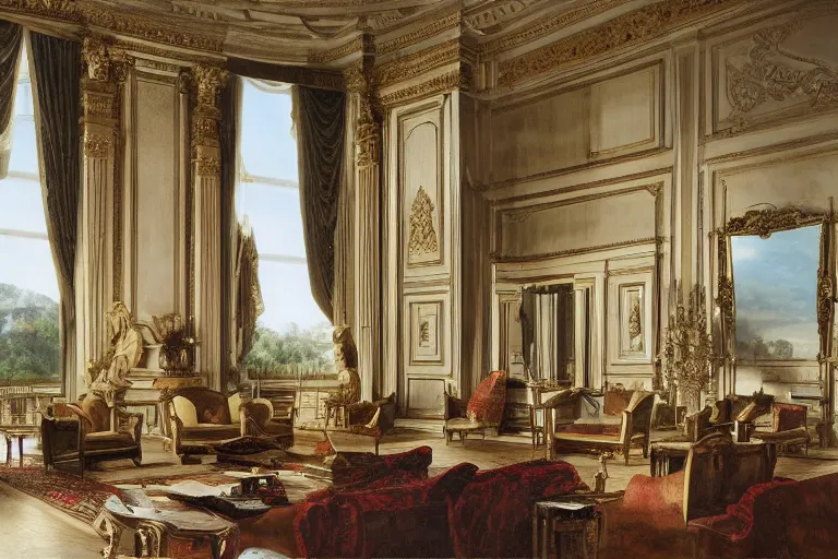 Prompt: long view, big tiger in classical room, in style of classicism