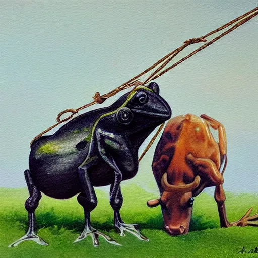 Image similar to a beautiful painting of singular frog graze a cow on a rope, trending on artstation