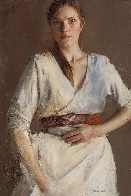 Prompt: Richard Schmid and Jeremy Lipking and Antonio Rotta full length portrait painting of a young beautiful traditonal viking woman