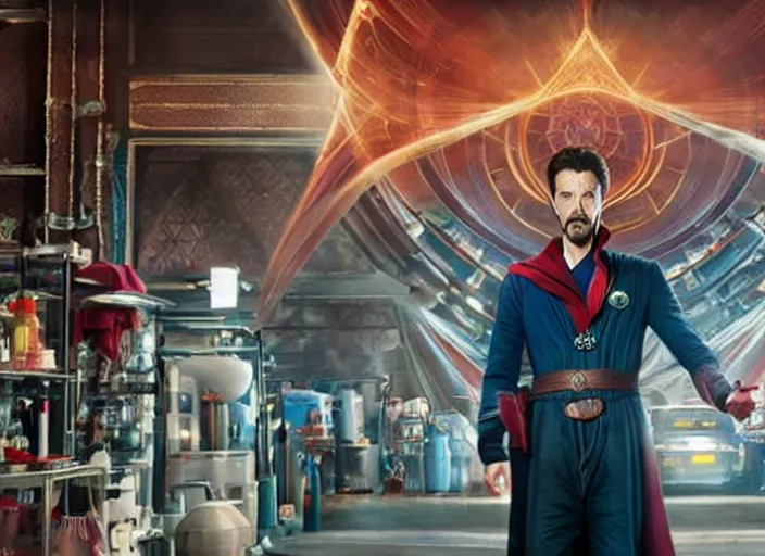 Image similar to film still of Doctor Strange working at a car wash in the new Avengers movie, 4k