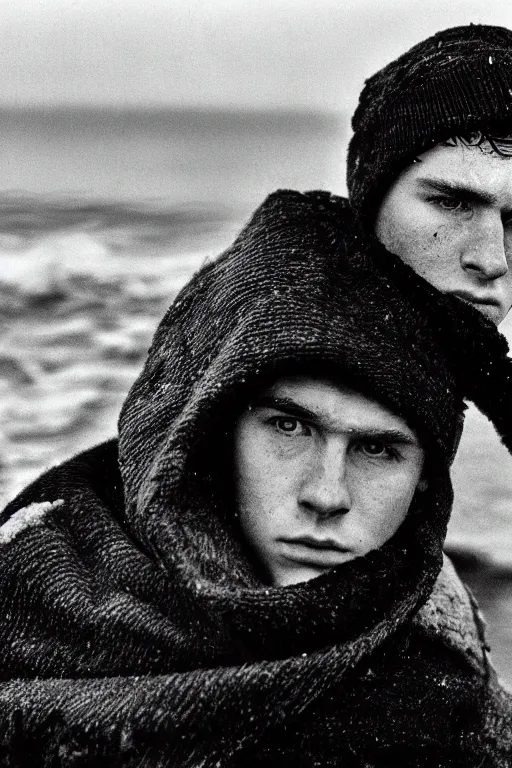 Image similar to super close up portrait of a frowning young irish adolscent 1 8 years old irish man in the cold cold sea at winter, by annie leibowitz, 1 9 9 8,