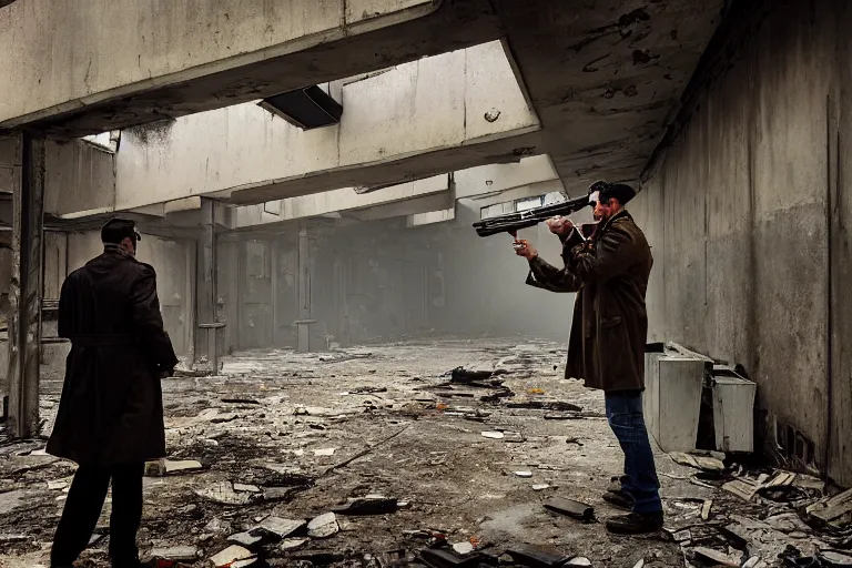 Prompt: a man wearing a trenchcoat and firing with a shotgun in an abandoned industrial complex, intricate details, cinematic, wide angle