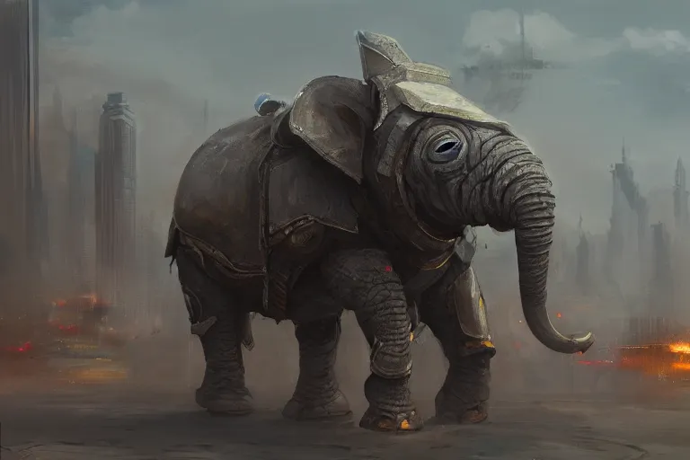 Prompt: an armored battle elephant in the city, sci-fi art, oil painting, trending on artstation, 4k, high quality