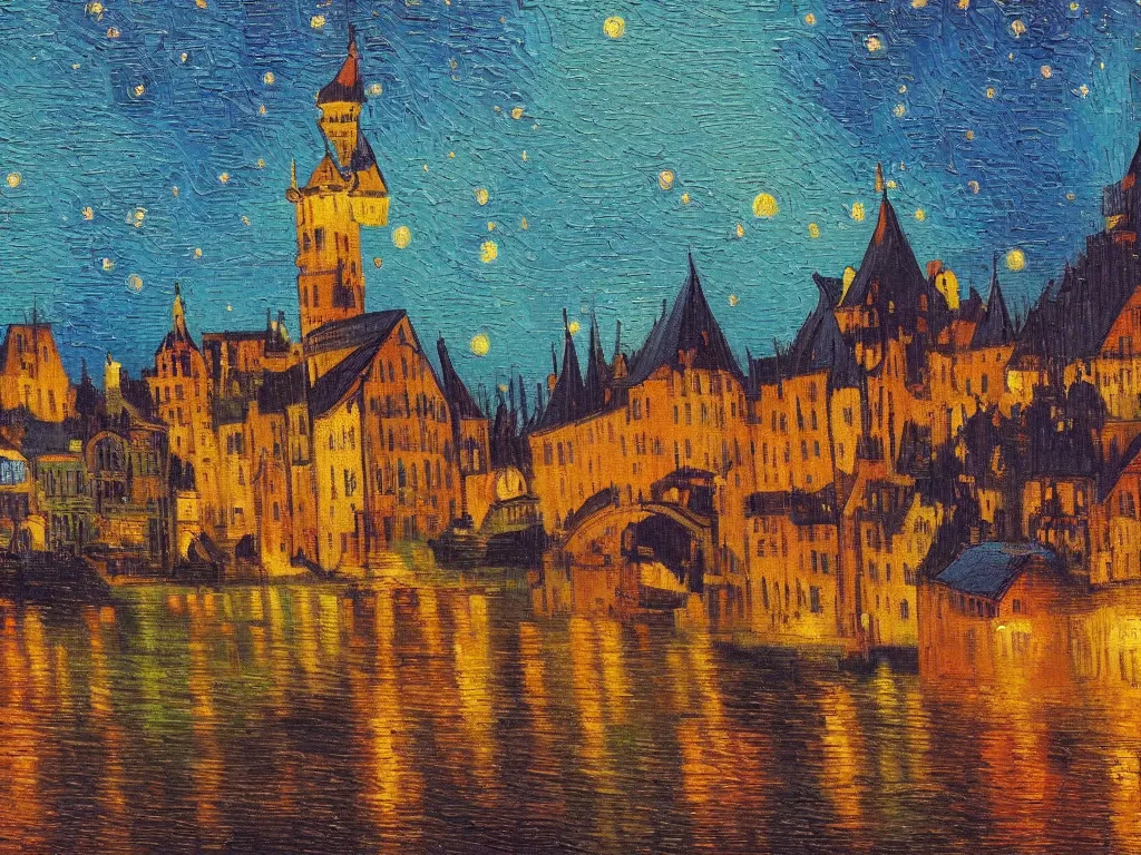 Image similar to trending on artstation, a beautiful German castle next to a river during sunset, oil on canvas, in the style of Vincent van Gogh