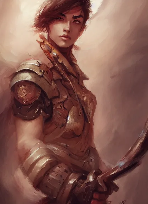 Image similar to beautiful portrait of desert warrior holding a sword, art by krenz cushart, close - up portrait, dynamic pose, upper body, fantasy, digital painting, featured on artstation, highly detailed illustration, intricate, elegant, sharp focus, 4 k