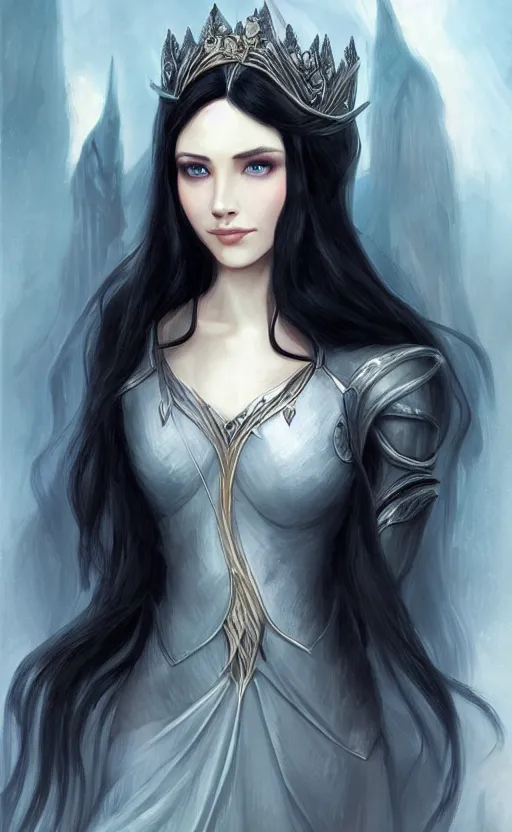 Image similar to luthien, princess of doriath, fairest maiden to have ever lived, stunningly beautiful, black hair, elven, portrait, artstation, wonderful lighning
