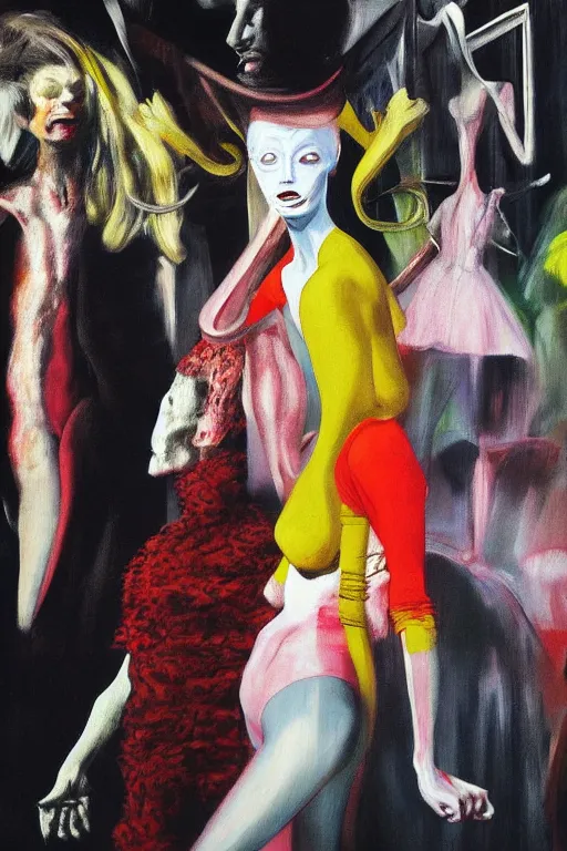 Image similar to crazy fashion catwalk, hauntingly surreal, highly detailed painting by francis bacon, edward hopper, adrian ghenie, gerhard richter, and james jean soft light 4 k,