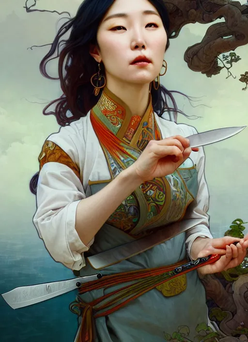 Image similar to stunning portrait of a south korean female chef holding magical kitchen knives, beautiful rivers of energy flowing in background, by peter mohrbacher and alphonse mucha and loish, 4 k, high resolution, intricate, hyperdetailed, photorealistic, artstation, smooth, sharp focus