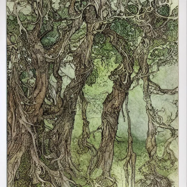 Prompt: a detailed, intricate watercolor and ink portrait illustration with fine lines, of a forest of gnarled trees and mossy ground, by arthur rackham and edmund dulac and ted nutall and mucha