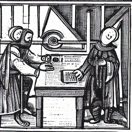 Image similar to advertisement for a laptop computer featuring diagrams and descriptions, medieval illustration, highly detailed historical page