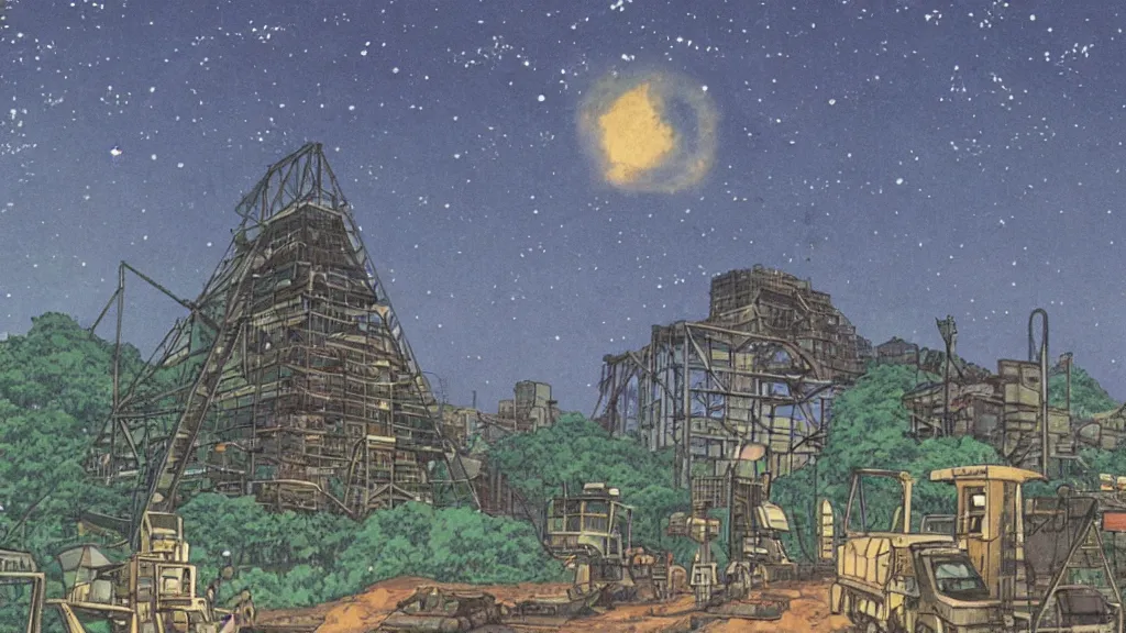 Image similar to a movie still from a studio ghibli film showing a huge industrial mining facility. a pyramid is under construction in the background, in the rainforest on a misty and starry night. by studio ghibli