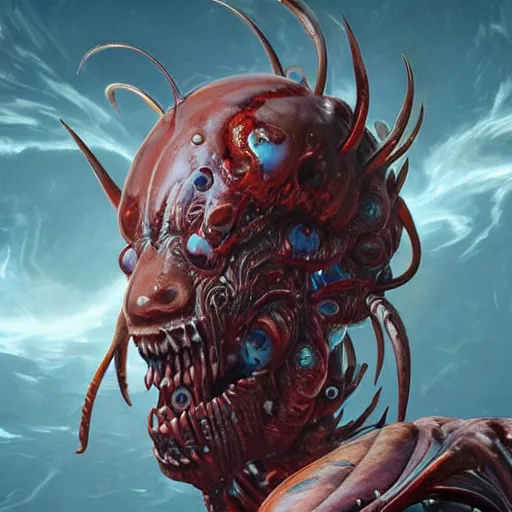 Image similar to whirling portrait of a twisting bloodied filigreed slime dripping genderless insect alien monster, muscles, rippling, space warping, ultra realistic, concept art, intricate details, eerie, highly detailed, photorealistic, octane render, 8 k, unreal engine. art by artgerm and greg rutkowski and alphonse mucha