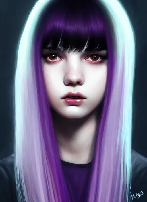 Image similar to hair whitebangs hair, black hair, whitebangs, portrait of teenage girl with white bangs, red irises, purple clothes, white bangs, bangs are different color from hair, intricate, elegant, glowing lights, highly detailed, digital painting, artstation, concept art, smooth, sharp focus, illustration, art by wlop, mars ravelo and greg rutkowski