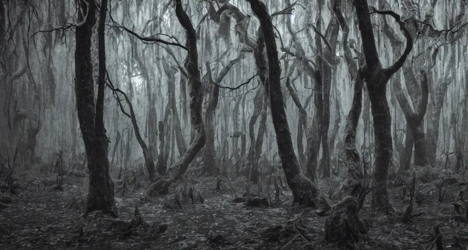 Image similar to A dense and dark enchanted forest with a swamp, by H.P. Lovecraft