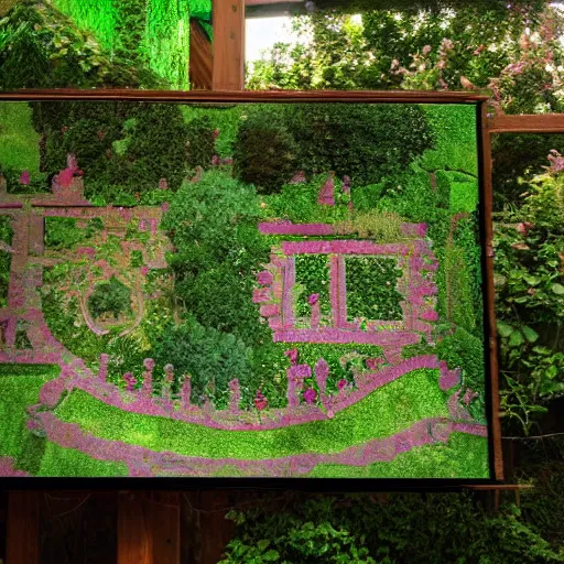 Prompt: projector showing a garden made by hp lovecraft, photography,