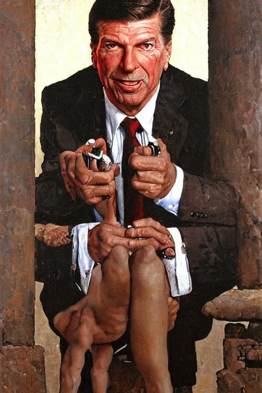 Image similar to a closer personal portrait of vince mcmahon with very piercing eyes, very charismatic. in the old ancient temple of luxor. masterpiece, dark. painted by norman rockwell and james gurney